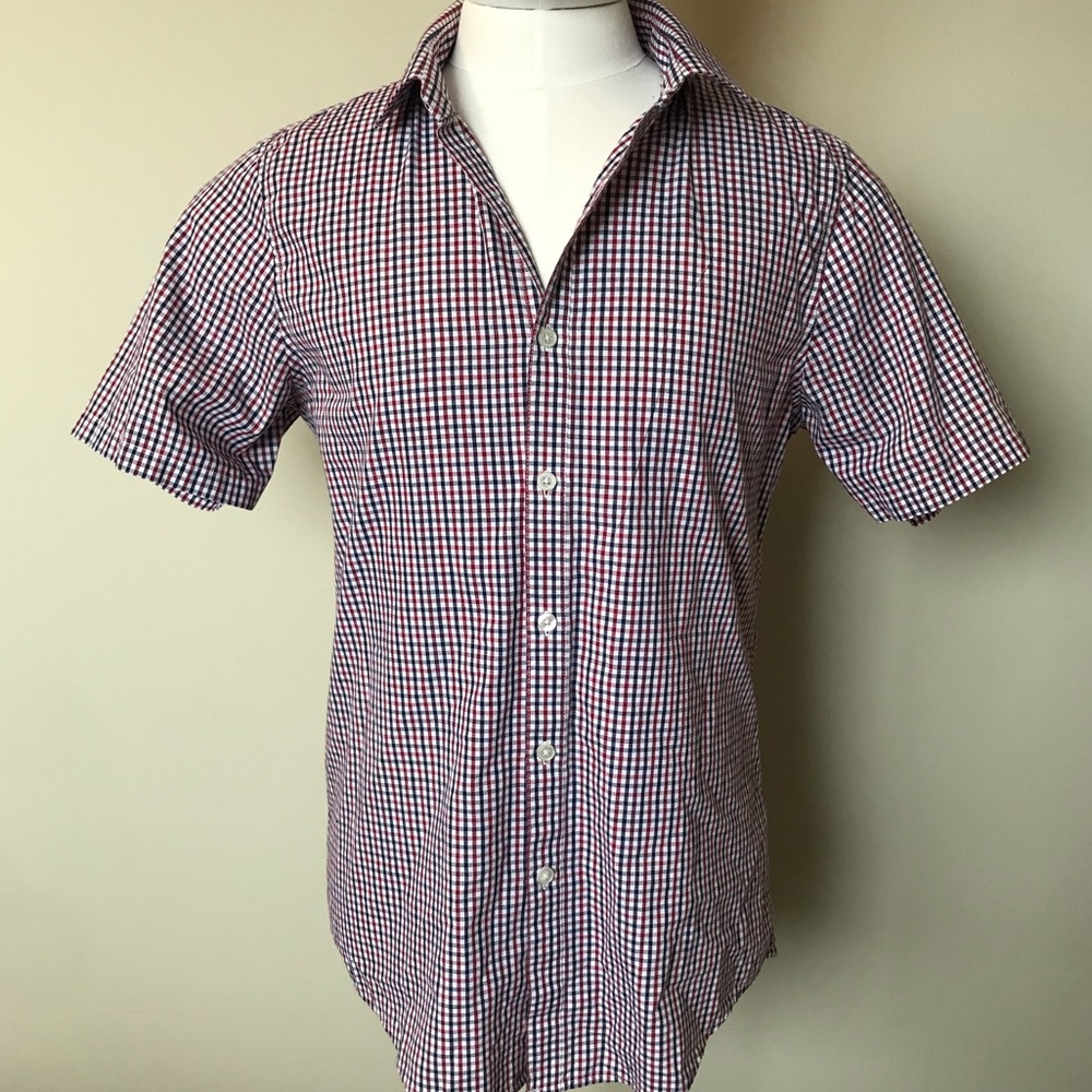 ASOS Short Sleeve Button Up Red Blue Plaid Casual Shirt